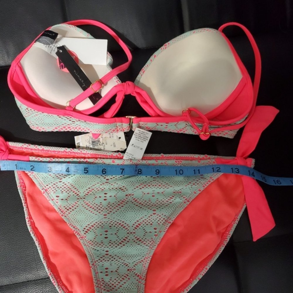 NWT RARE NINETY-NINE DEGREES CROCHET LACE BIKINI SET SZ L TEAL & NEON PINK - Picture 11 of 11